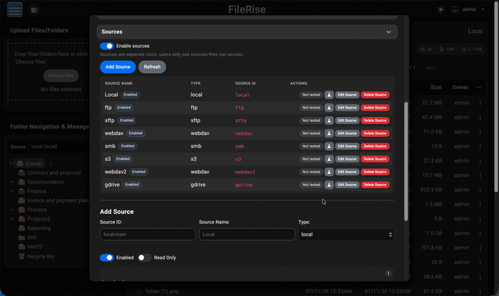 Dual-pane drag-and-drop between sources in FileRise Pro