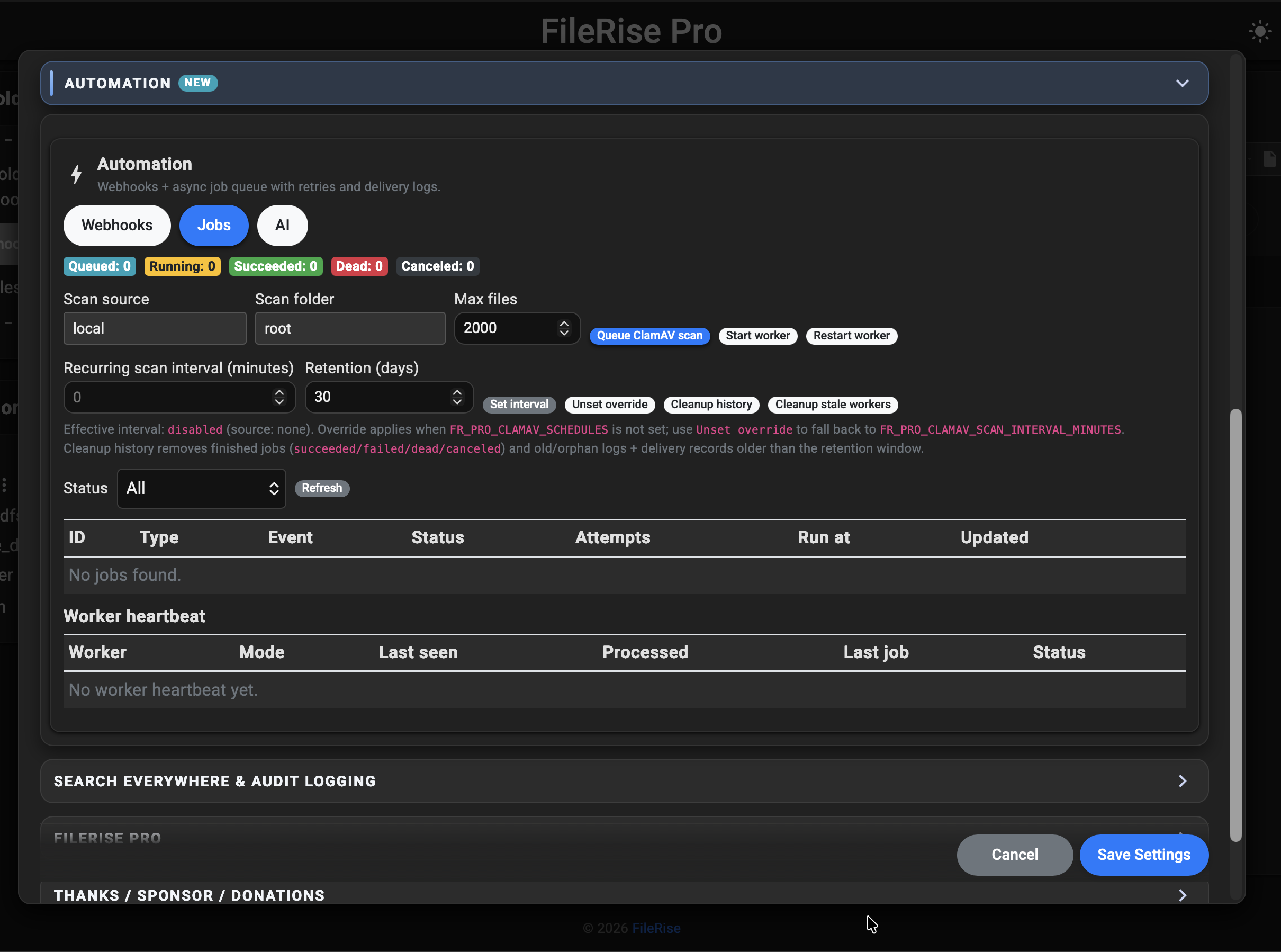FileRise Pro Automation Jobs screen showing queue and worker status