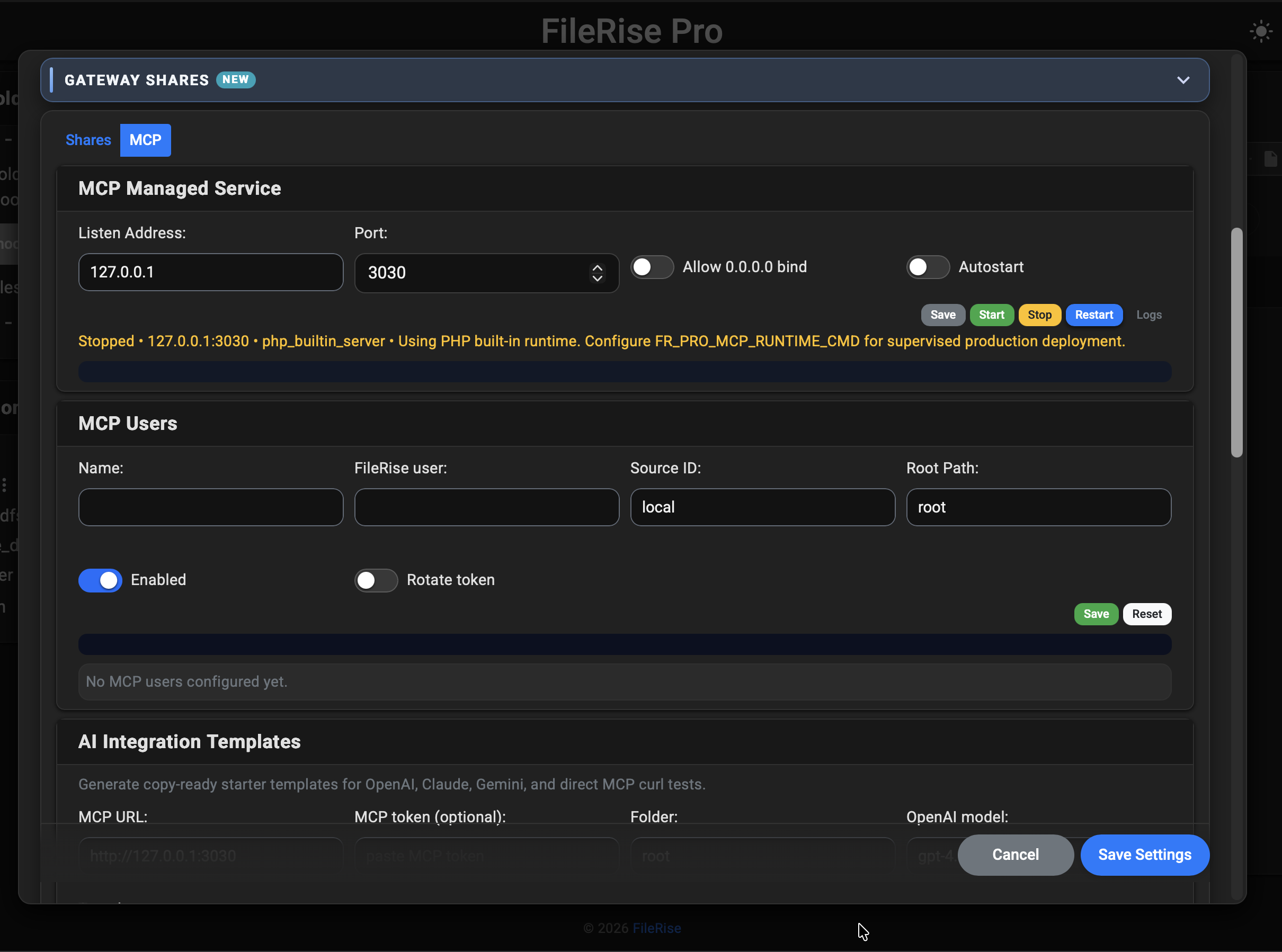 FileRise Pro MCP controls screen showing scoped users and tokens