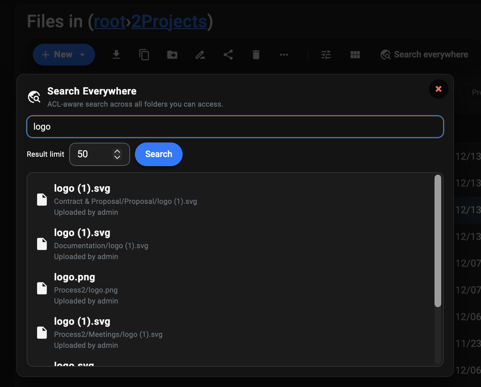 Search Everywhere modal showing search results and navigation
