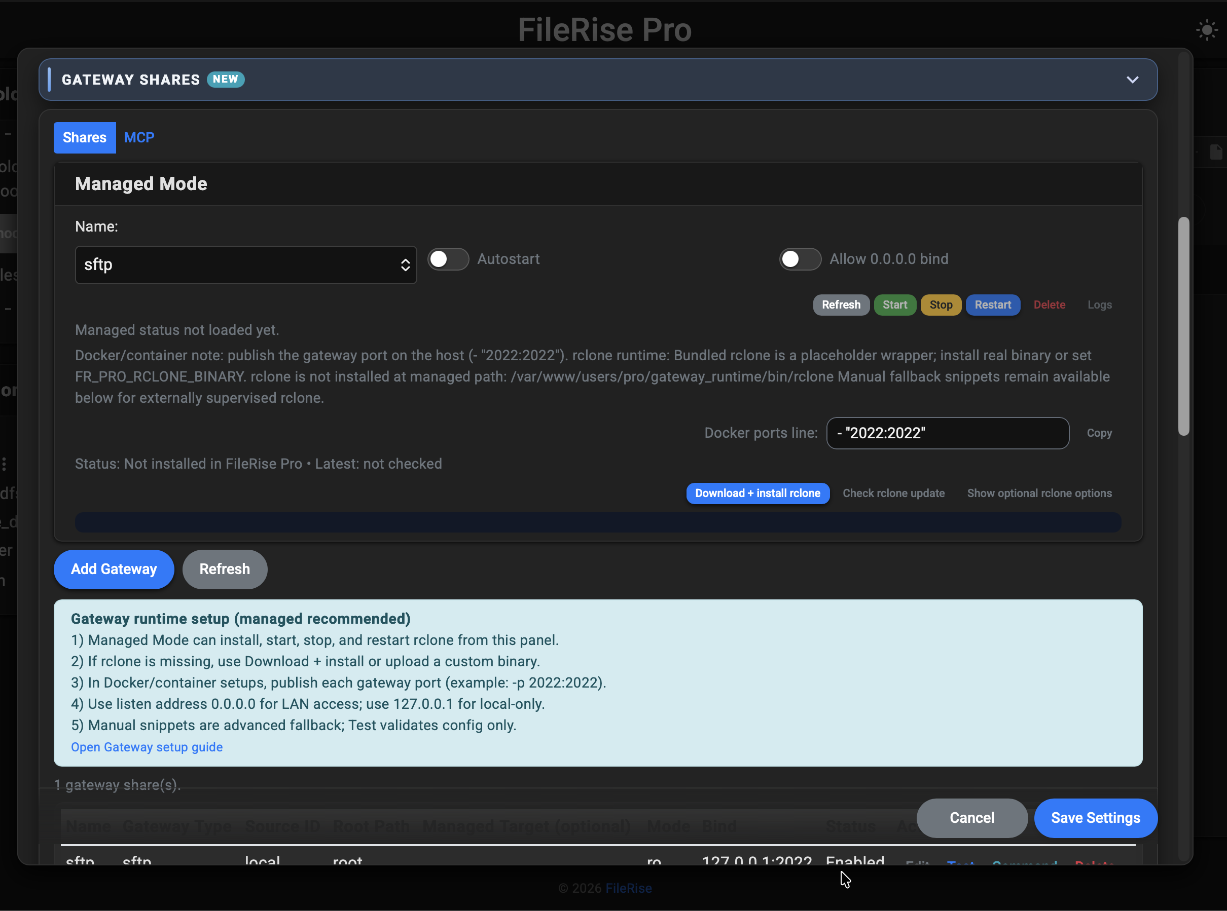 FileRise Pro Gateway Shares screen showing managed share controls