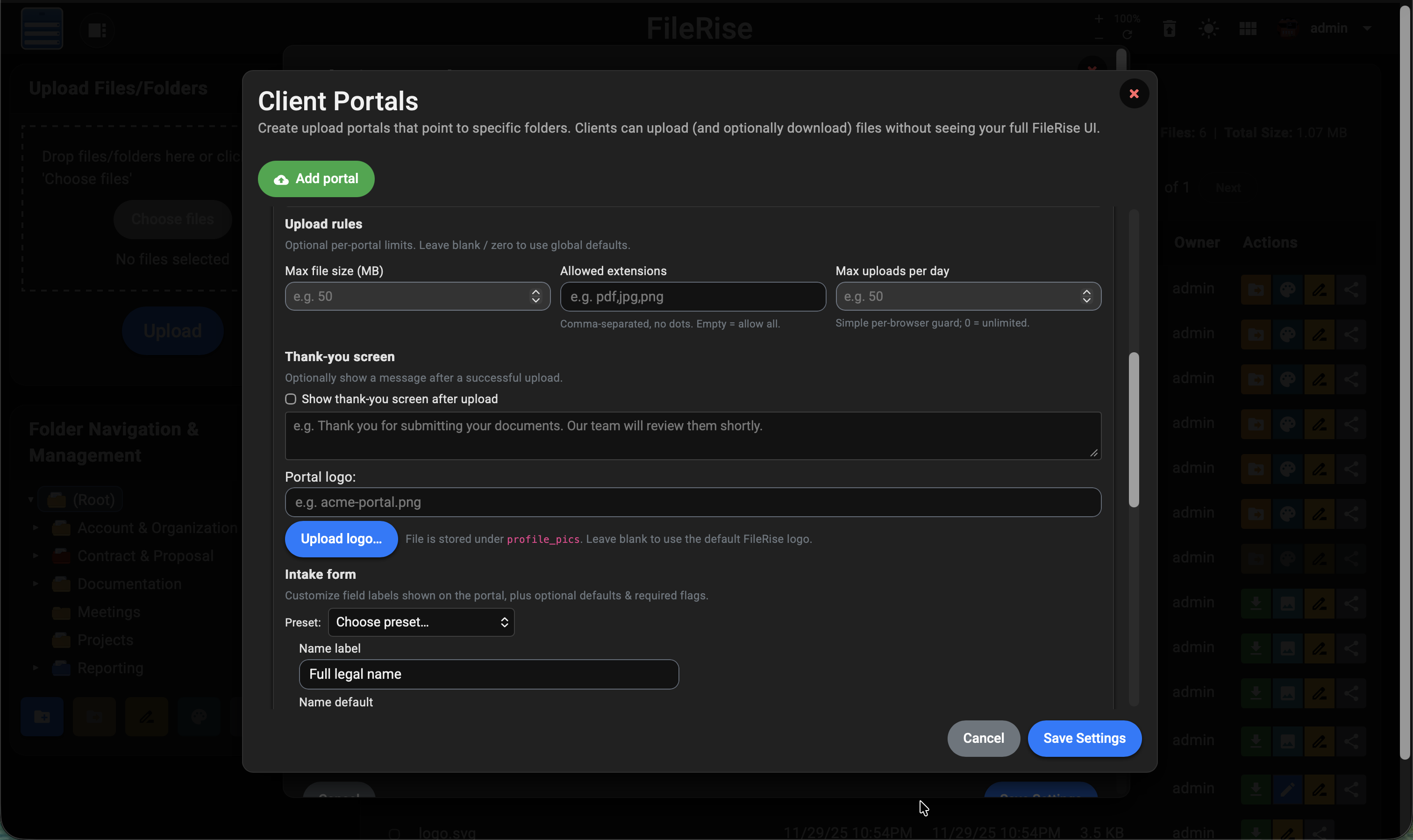 Client portal upload rules, thank you screen, logo upload and intake form header