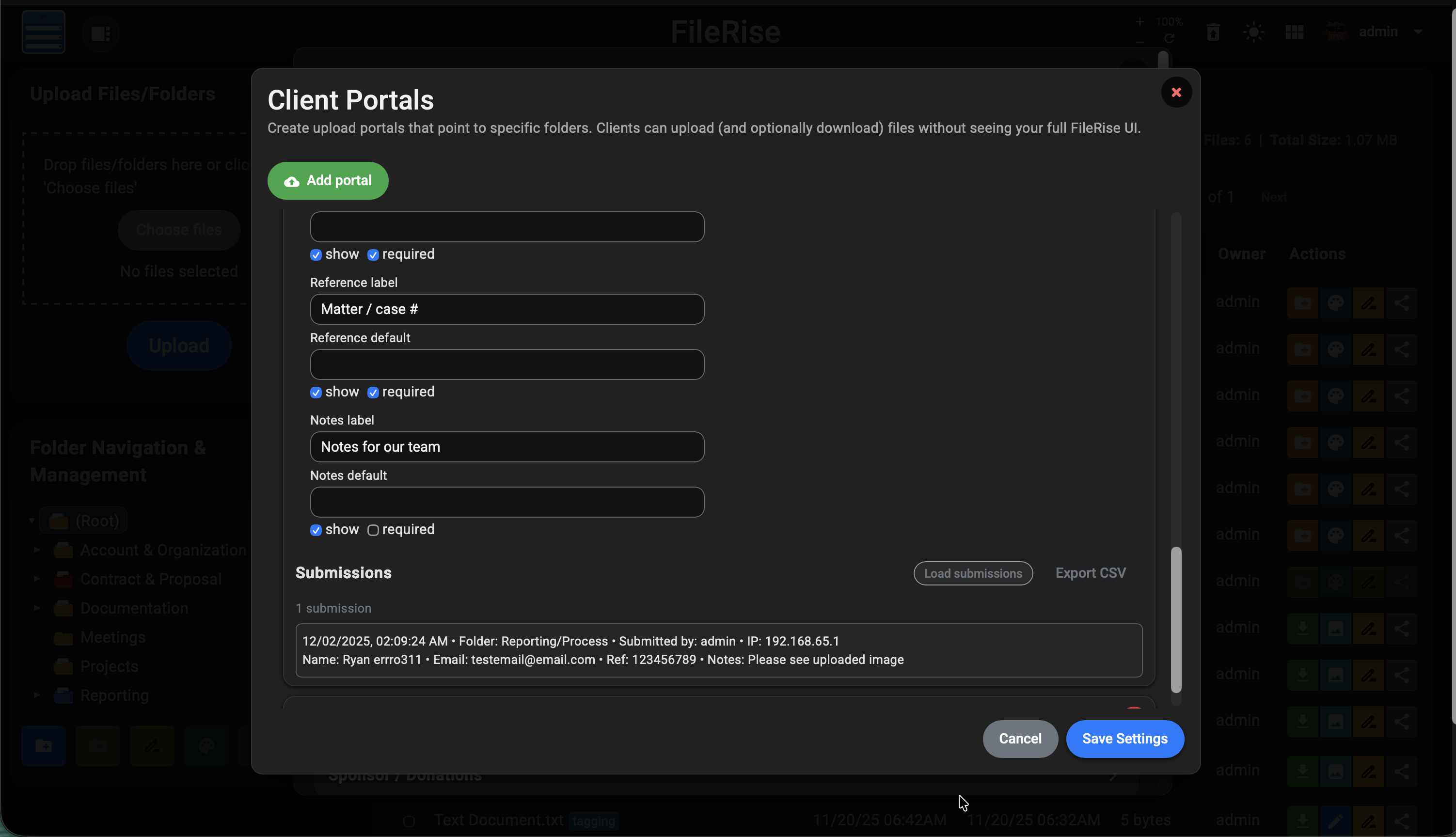Client portal intake form body with submissions list and CSV export button