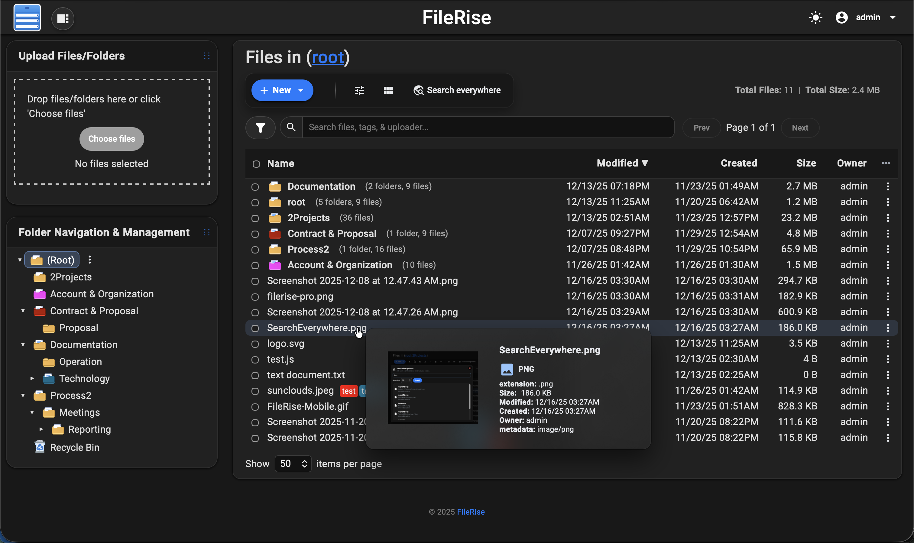 Screenshot of FileRise v2.9.0 interface