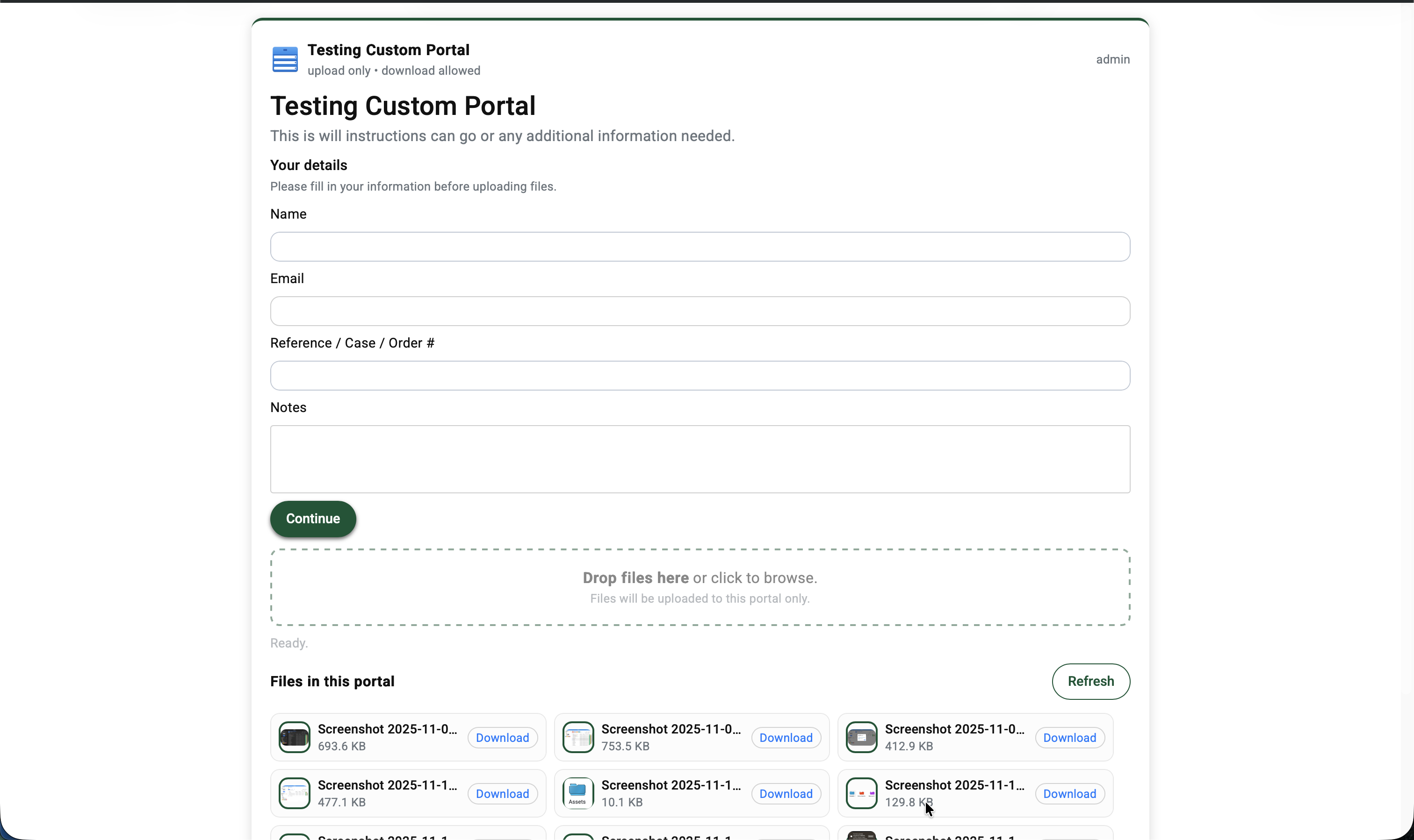 Client-facing portal upload page with optional intake form and file list